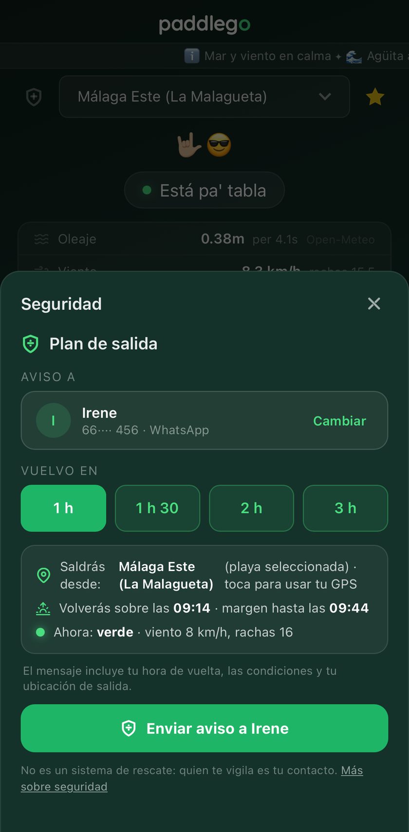 Plan de salida de PaddleGo: aviso a tu contacto con hora de vuelta, condiciones y ubicación