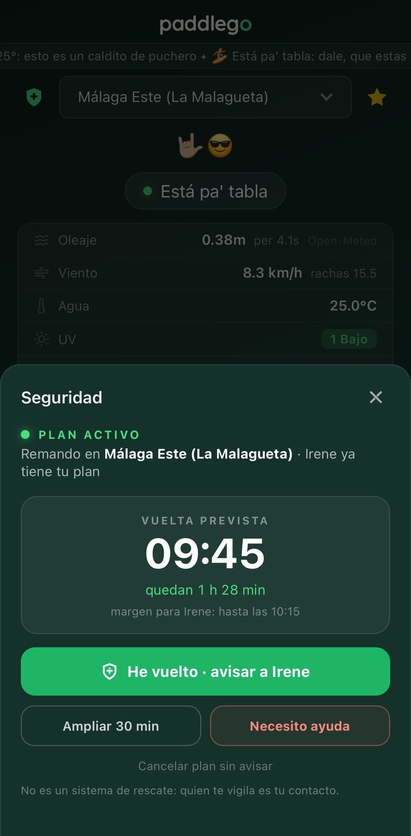 Plan activo en PaddleGo: cuenta atrás de vuelta prevista con margen para tu contacto