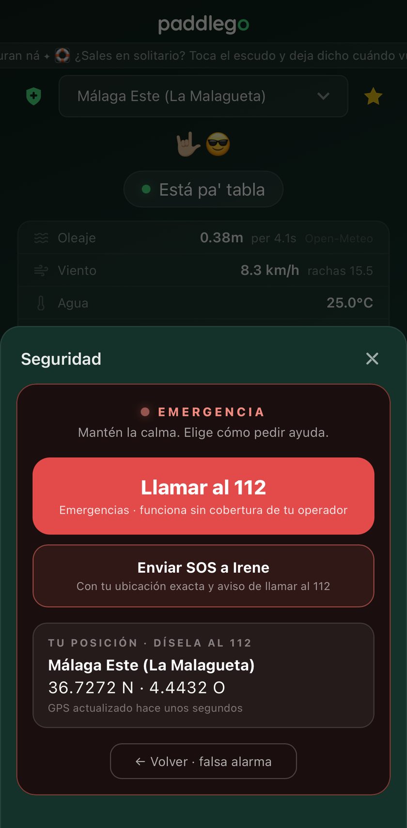 Pantalla de emergencia de PaddleGo: llamar al 112, enviar SOS a tu contacto y tu posición GPS